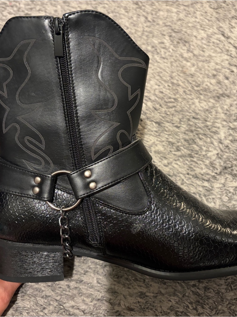 Men's Black Western Harness Ankle Boots with Textured Upper